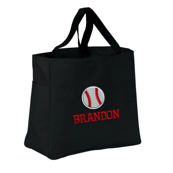 a black tote bag with a baseball and the word brandon on it's side