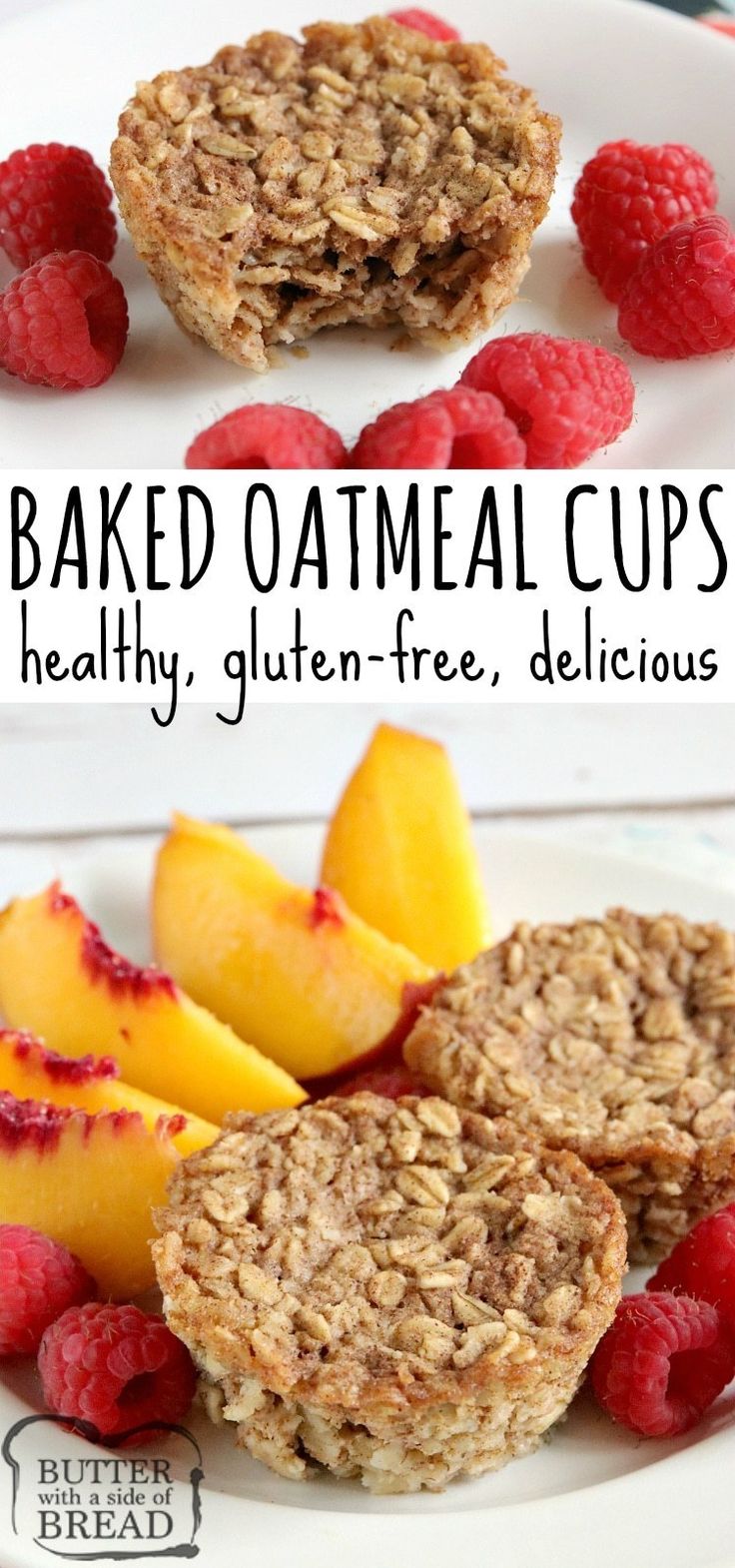 two pictures of baked oatmeal cups with raspberries and peaches