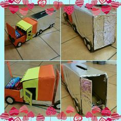 four pictures of a truck made out of cardboard and some candy in the back with hearts around it