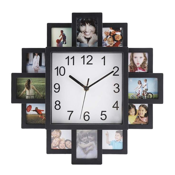 a square clock with multiple pictures on the face and numbers in different frames around it