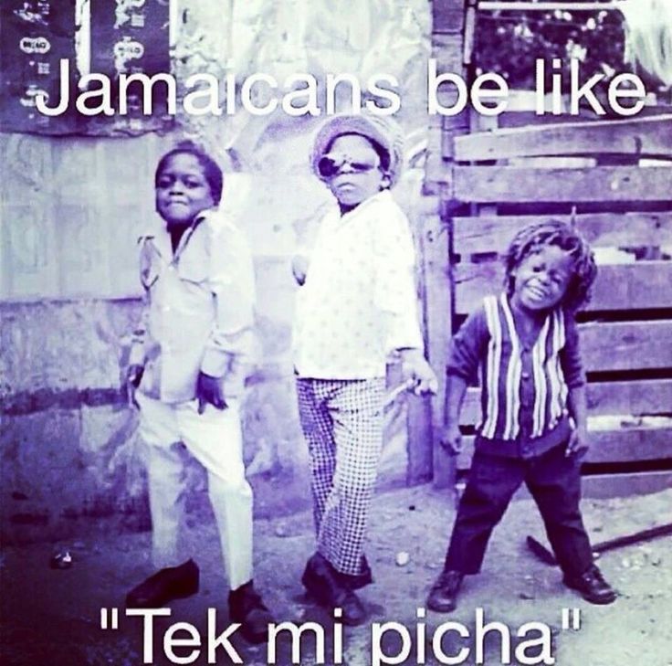 three children standing next to each other with the words jamaicans be like tek mi picha