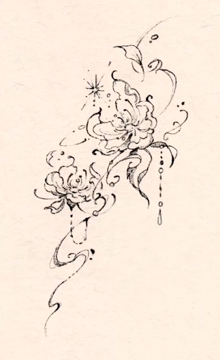 an ink drawing of flowers on paper with water droplets and swirls around the petals