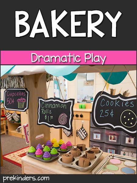 there is a sign that says bakery dramatic play with cupcakes on the counter