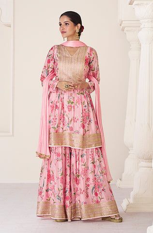 Salmon Pink Designer Embroidered Net Wedding Pant Suit | Saira's Boutique Silk Sharara Suit, Silk Sharara, Organza Suits, Lehenga Gown, Sharara Suit, Silk Bottoms, Utsav Fashion, Indian Suits, Anarkali Suit