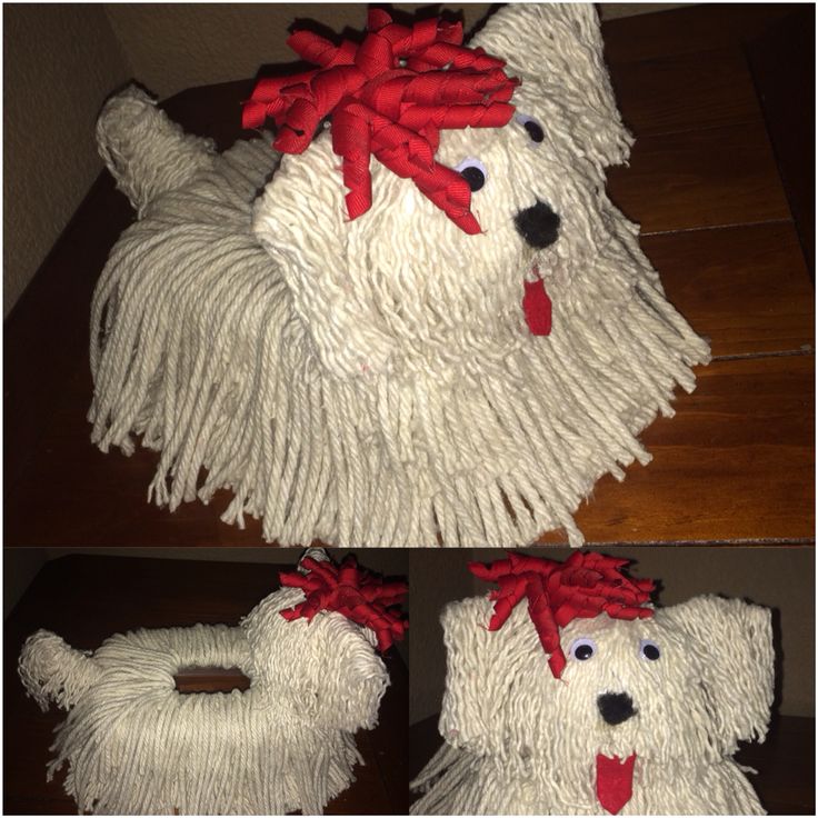 two pictures of a dog made out of mop heads with red bows on them