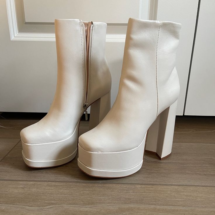 Never Worn! Bought From 12th Tribe In 2022. Size 7. Real Leather Sole White High Heel Platform Boots With Chunky Platform, White Platform Boots With Chunky Block Heel, White Chunky Platform High Heel Boots, White Chunky Platform Heels With Round Toe, White Platform Boots With Pointed Toe And Reinforced Heel, White Heels With Chunky Platform And Round Toe, White High-top Platform Heels, White Closed Toe Platform Boots For Party, White High-top Boots With Padded Ankle