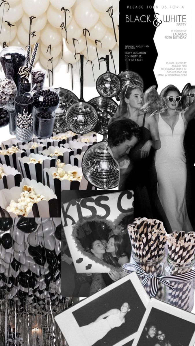 black and white themed party with balloons, streamers, photoboots and pictures