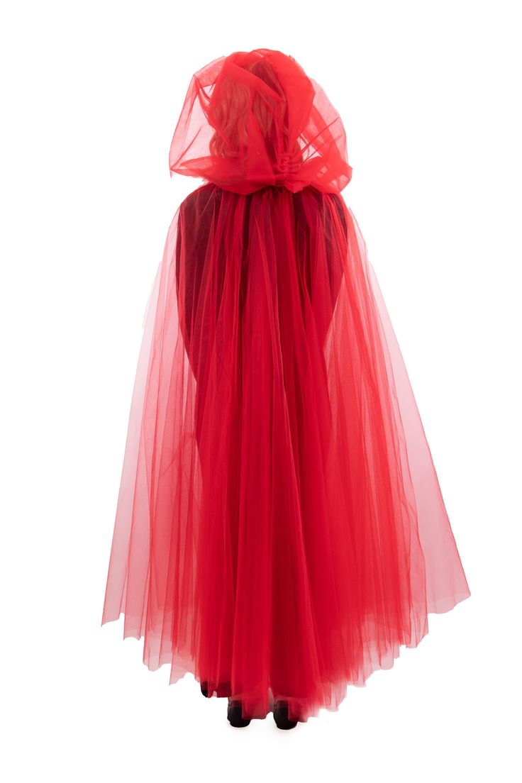 This Red Tulle Adult Cloak is perfect for a variety of dress up occasions; wear to any Halloween Party, Cosplay, Role Playing, Gothic, Steampunk, Renaissance, Medieval Events or a Masquerade Ball! Made from two layers of red tulle, measuring from 50" from neckline to hem Oversized, gathered tulle hood with a satin tie closure One size fits most adults and teens Machine washable and made for repeat use Costumes & accessories not included Red Costume For Cosplay Party, Red Fitted Tulle Tutu Dress, Red Tulle Tutu Dress For Prom, Fitted Red Tulle Tutu Dress, Fitted Red Princess Costume, Red Princess Tutu Dress For Costume Party, Halloween Tulle Tutu Dress, Halloween Tulle Tutu Dress For Dress-up, Gothic Red Costume For Party