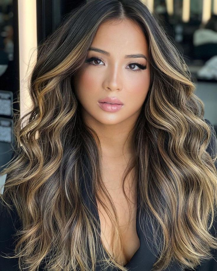 Black Hair Balayage, Fall Hair Color Trends, Brunette Hair With Highlights, Black Hair With Highlights, Dark Hair With Highlights, Long Hair Color, Changing Leaves, Long Black Hair, Hair Inspiration Color