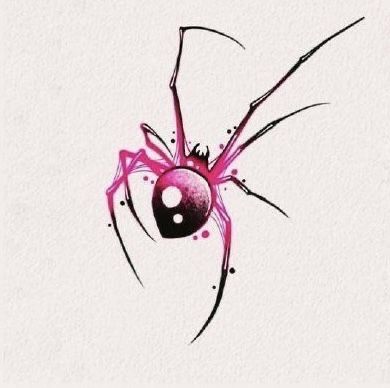 a pink spider with black spots on it's back legs and its eyes open