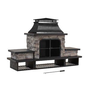 an outdoor fireplace is shown with a chimney and shelf below it, along with other accessories