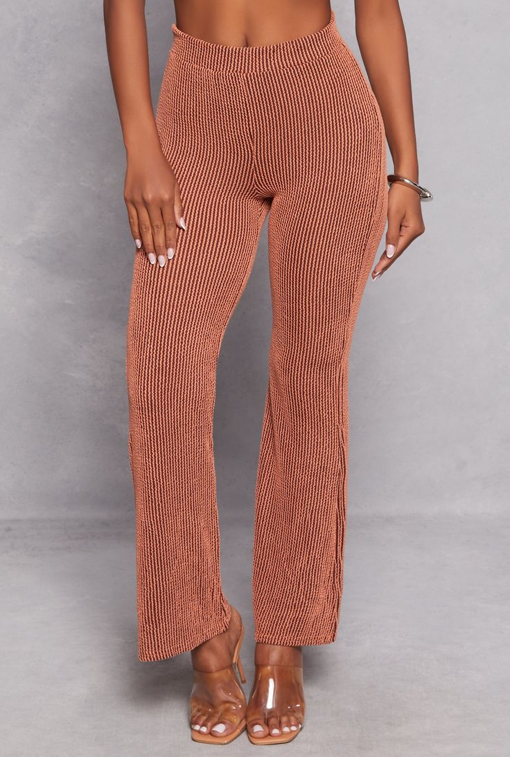 Casual Pant, Flared Leg, High Waisted, Solid, Ribbed Knit, Textured Knit, Item Number 3413058753649 Red Ribbed Stretch Bottoms, Red Stretch Ribbed Bottoms, Casual Red Ribbed Bottoms, Puma Outfit, Casual Pant, Romper And Jacket, Denim Shoes, Pants And Leggings, Flared Pants