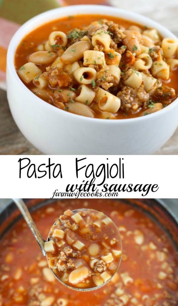 pasta faggioli with sausage in a white bowl