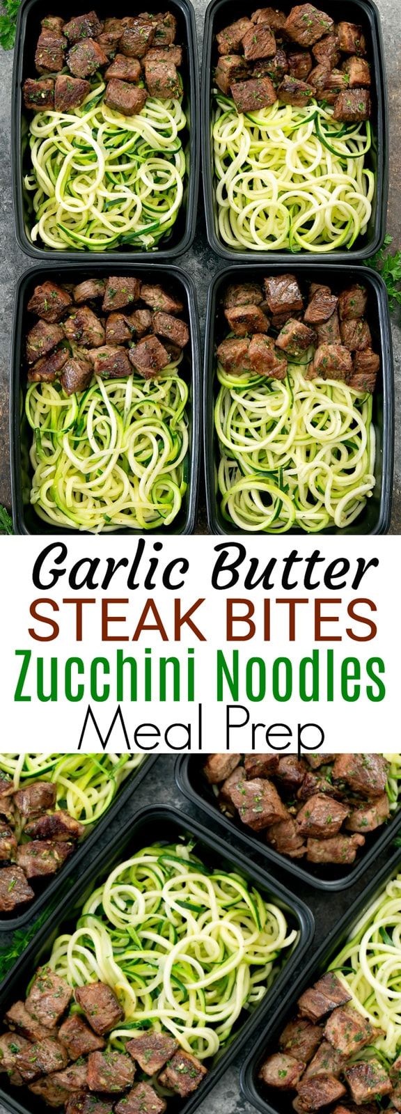 zucchini noodles with garlic butter and steak bites in black trays on top