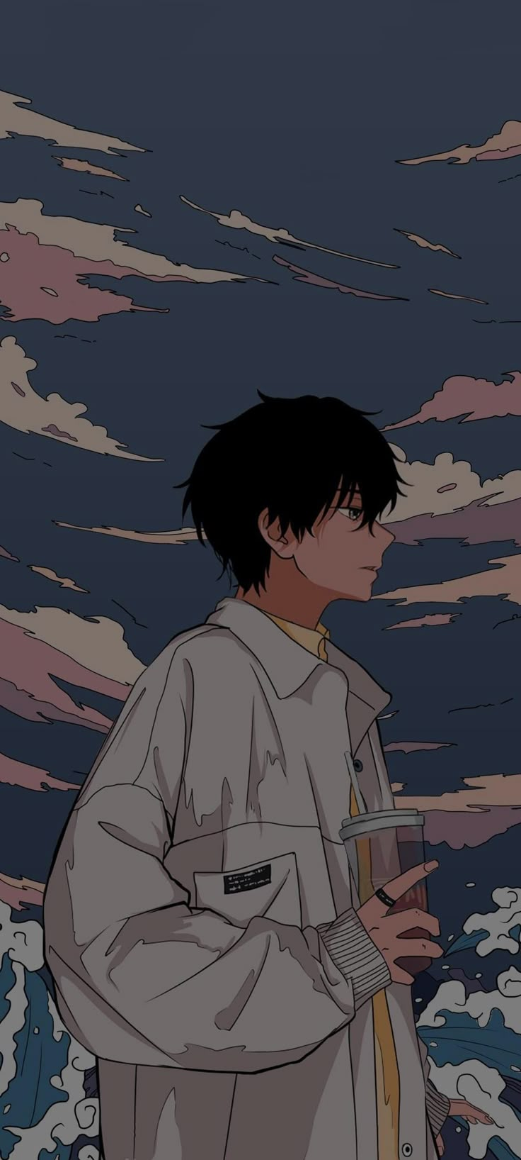 an anime character standing in front of a cloudy sky