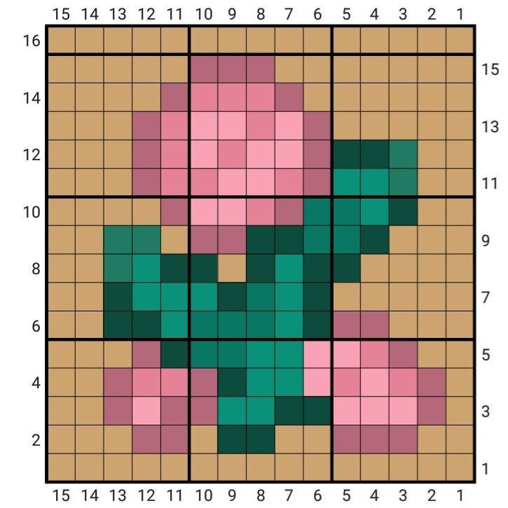 a cross stitch pattern with pink and green squares