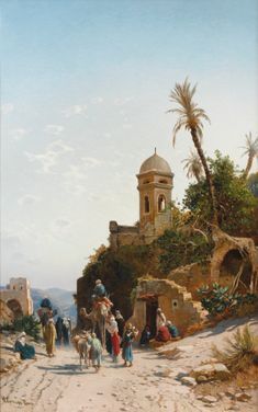 a painting of people and animals walking on a dirt road near an old building with a bell tower in the background