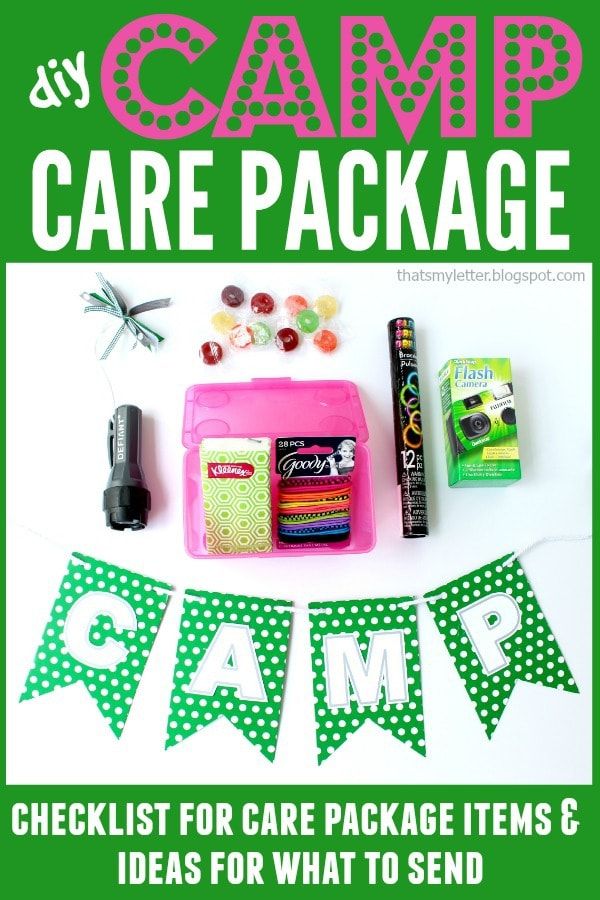 a green and white poster with the words camp care package