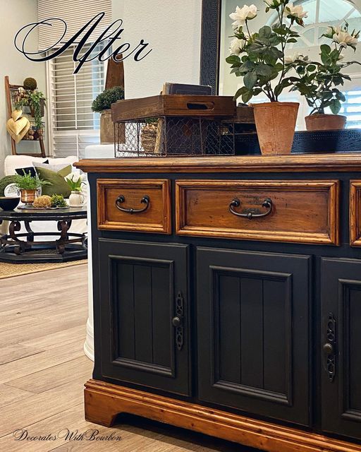 an old dresser is painted black and has some flowers on top of it with the words after above it