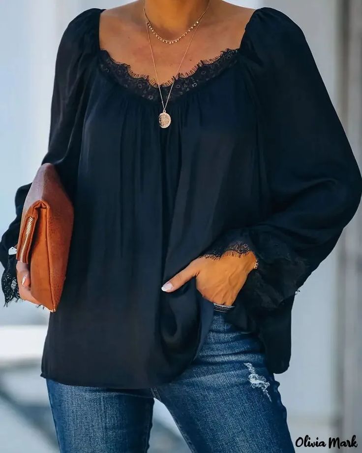 Olivia Mark - Stitched Lace Long Sleeve Blouse Casual Lace Trim Tops For Work, Casual Tops With Lace Trim For Work, Lace Blouse Long Sleeve, Lace Long Sleeve, Printed Ties, Shop Blouses, Long Sleeve Lace, Olivia Mark, Scarf Print