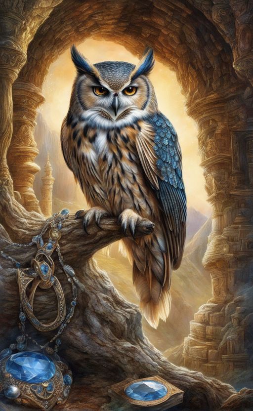 an owl sitting on top of a tree branch in front of a stone archway with jewels