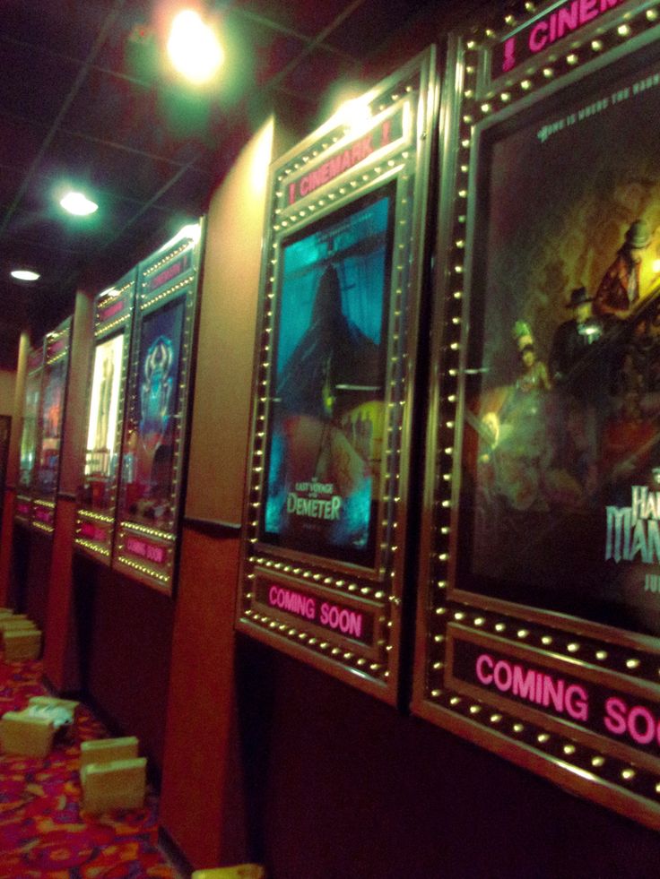 a row of movie posters on the wall in a room with carpeted flooring