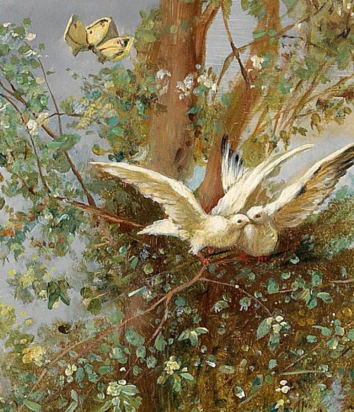 a painting of two white birds in a tree with flowers and butterflies flying above them