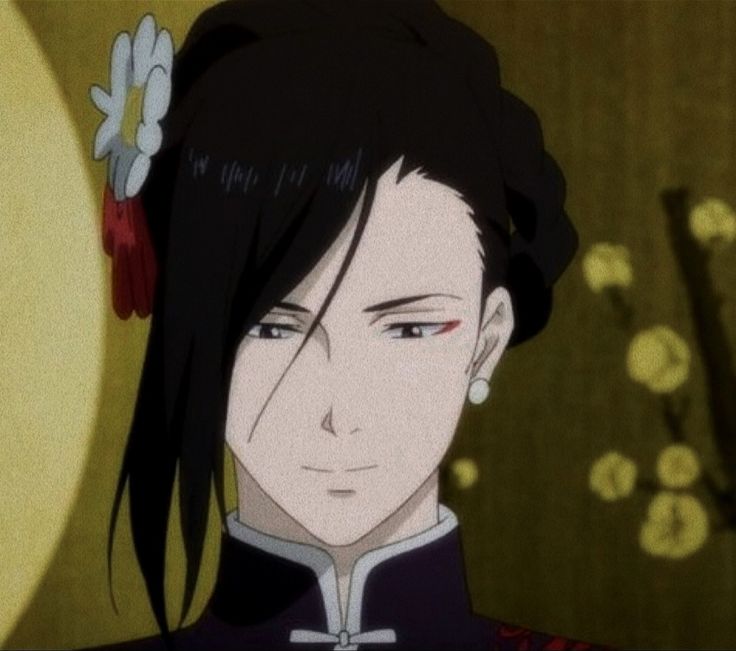 an anime character with black hair and red eyes