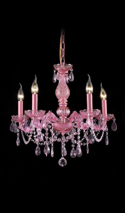 a pink chandelier hanging from the ceiling with five lights on it and crystal beads