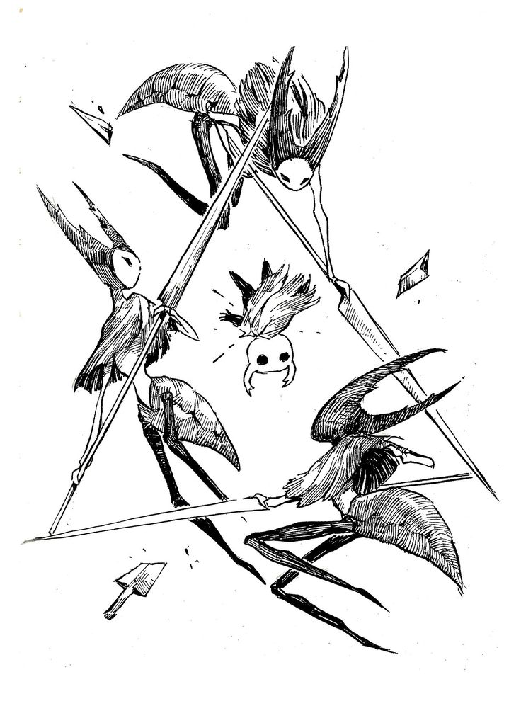 an ink drawing of two birds in front of a triangle with arrows coming out of it