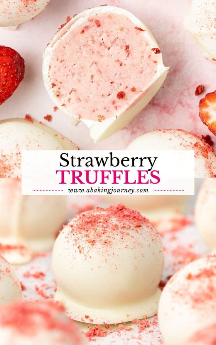 strawberry truffles with white chocolate and sprinkles on top, surrounded by strawberries