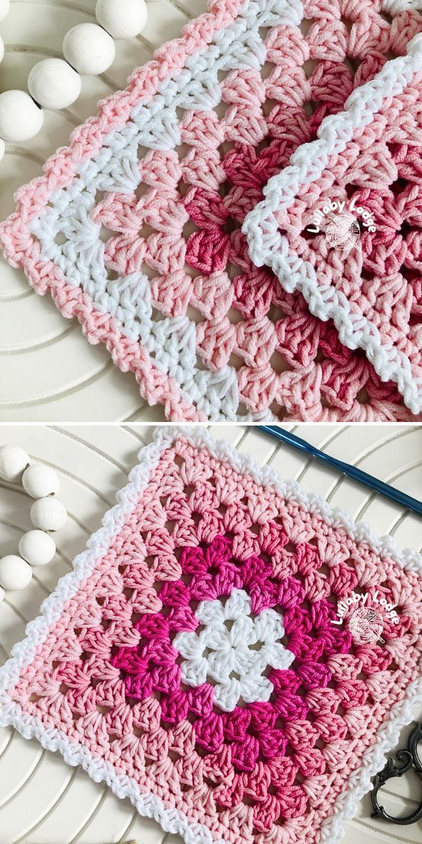 two crocheted squares on a plate with scissors and yarn in the middle one is pink and white