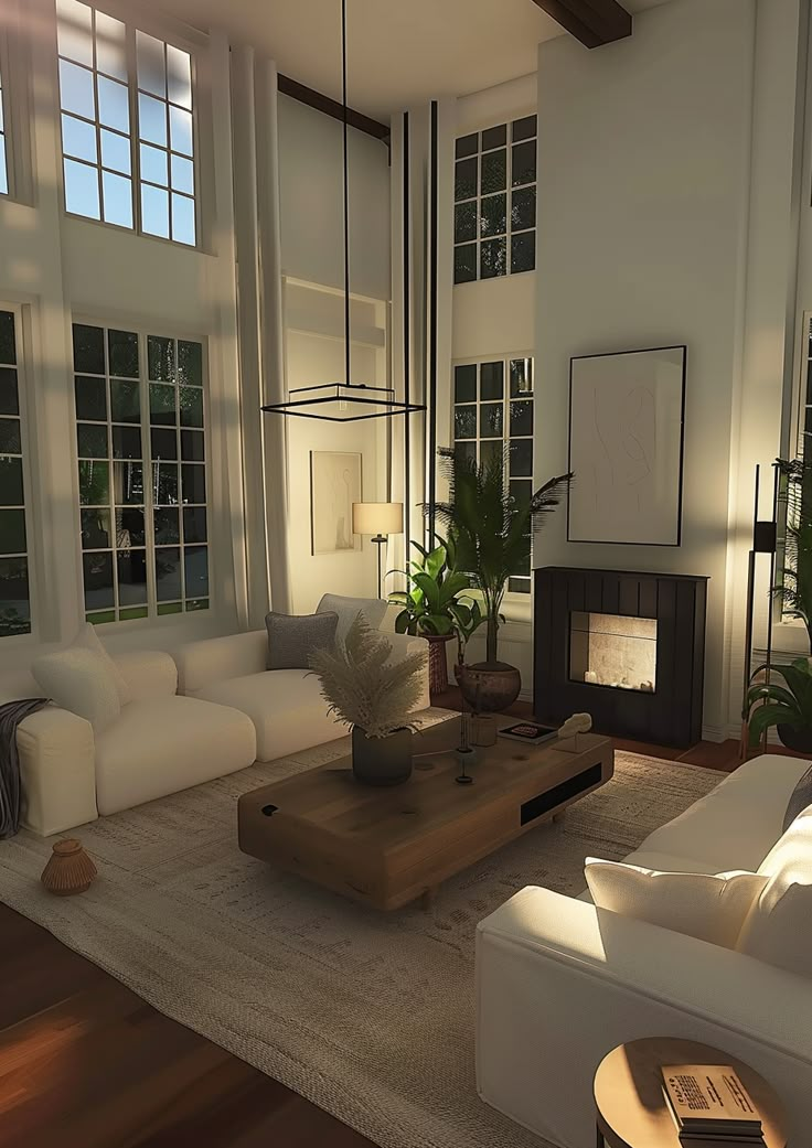 a living room filled with furniture and a fire place in the middle of two windows