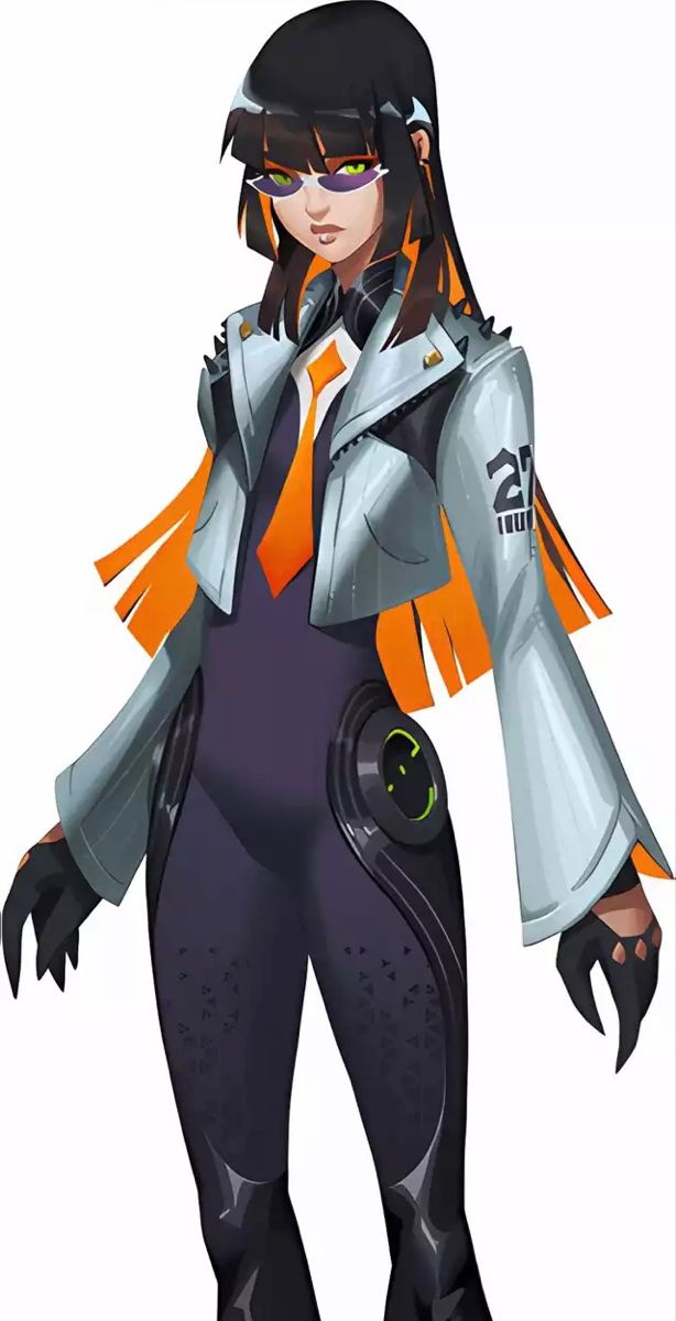 an animated character with black hair and orange eyes, wearing futuristic garb while standing in front of a white background