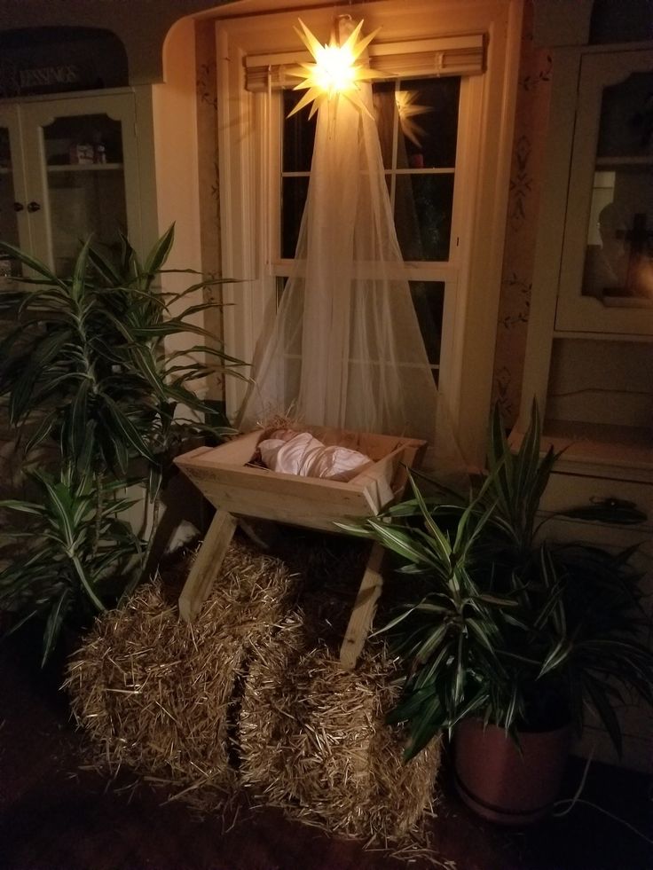 a baby crib with hay and plants in front of it