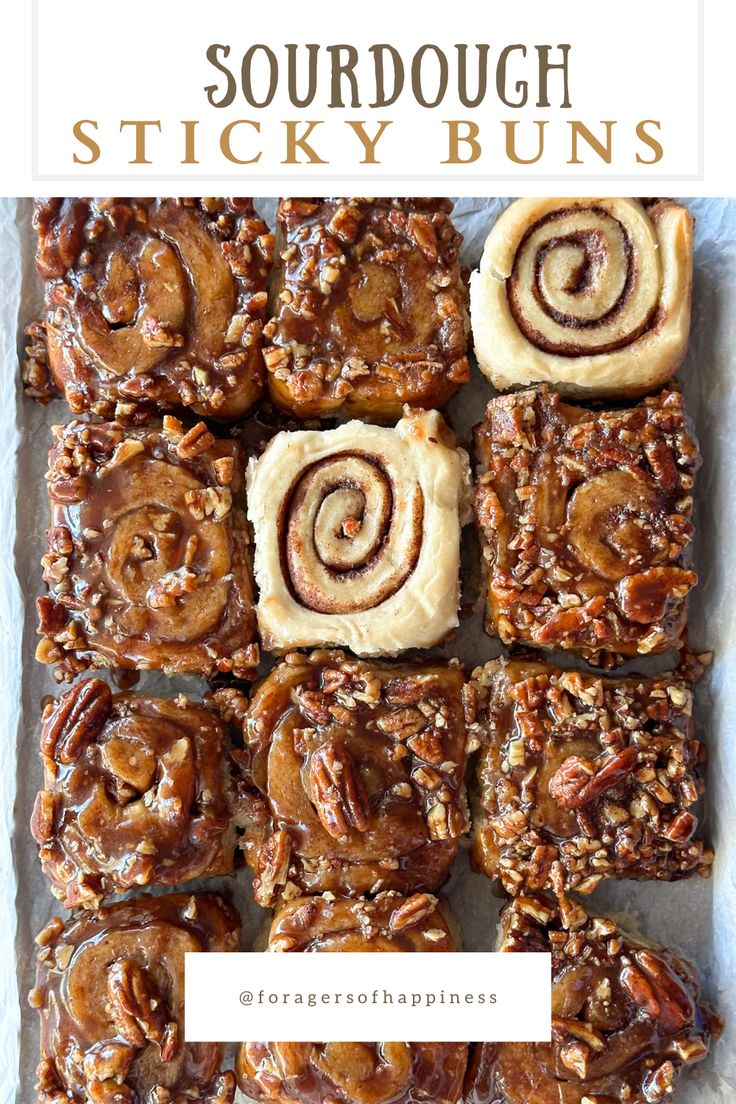 some cinnamon rolls on top of each other with the words sourdough sticky buns