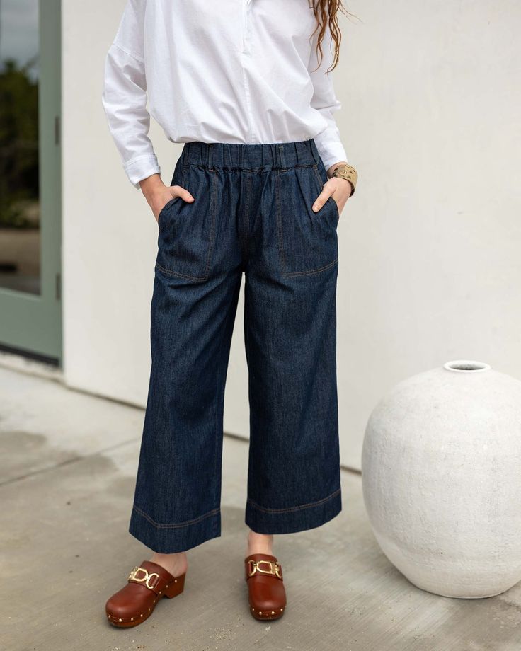 Sammie Chambray Pant Cropped Wide Leg Denim Blue Pants With Five Pockets, Chic Denim Blue Wide-leg Cropped Jeans, Chic Wide-leg Cropped Jeans In Denim Blue, Chic Wide-leg Cropped Denim Jeans, Medium Wash Wide-leg Flare Jeans For Work, Chic Cropped Dark Wash Wide Leg Pants, Wide-leg Jeans For Work In Medium Wash, Dark Wash Wide Leg Cropped Pants With Relaxed Fit, Relaxed Fit Medium Wash Wide Leg Pants For Work