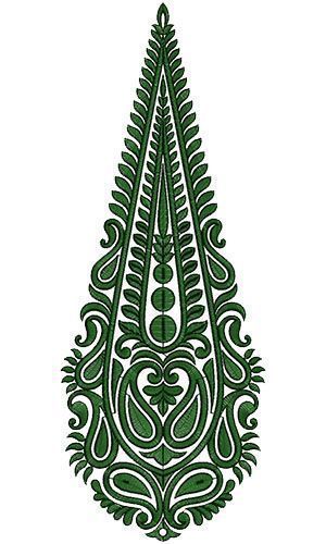 a green and white drawing of a tear shaped object with swirly designs on it