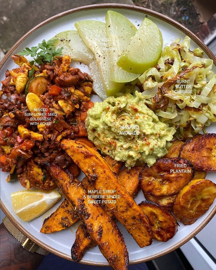 a white plate topped with different types of food