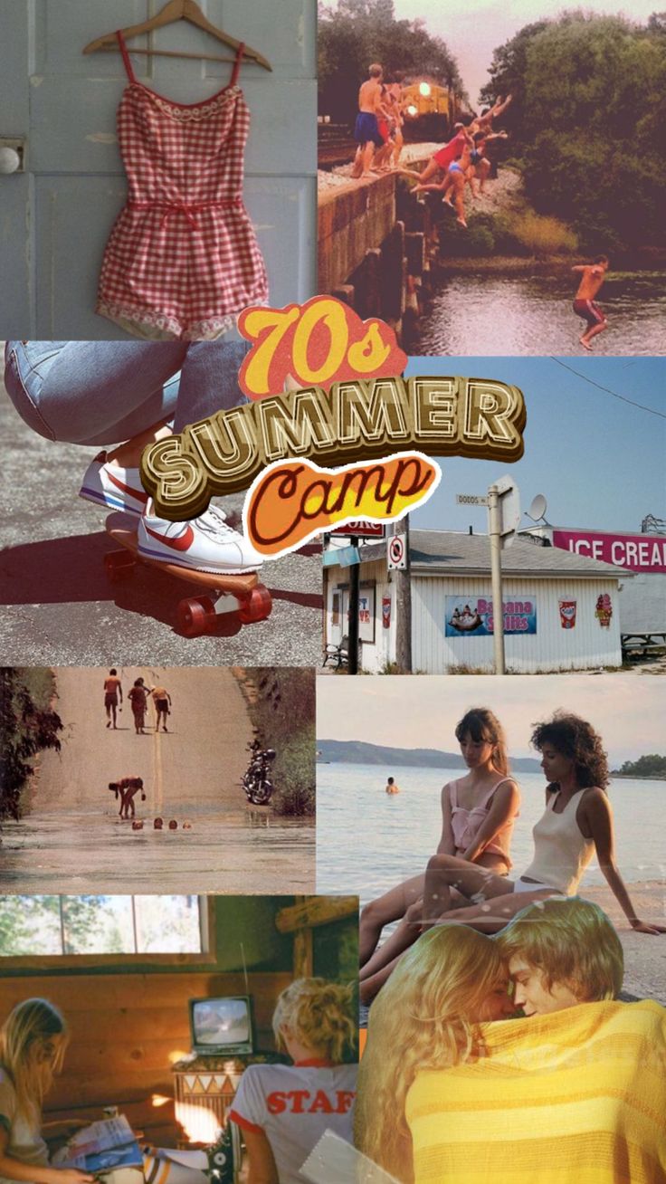 an advertisement for the summer camp with pictures of people in bathing suits and swimsuits