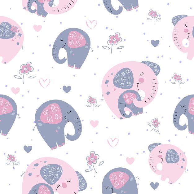 an elephant pattern with hearts and flowers on a white background