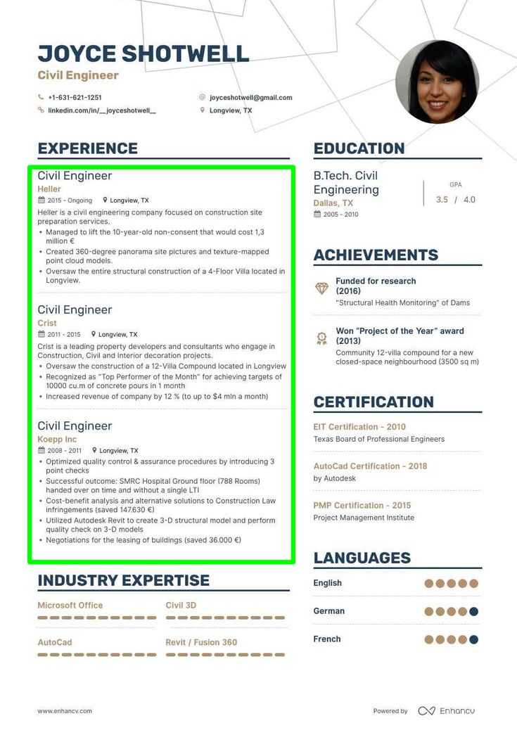 a professional resume with green lines on the front and bottom, as well as an image of