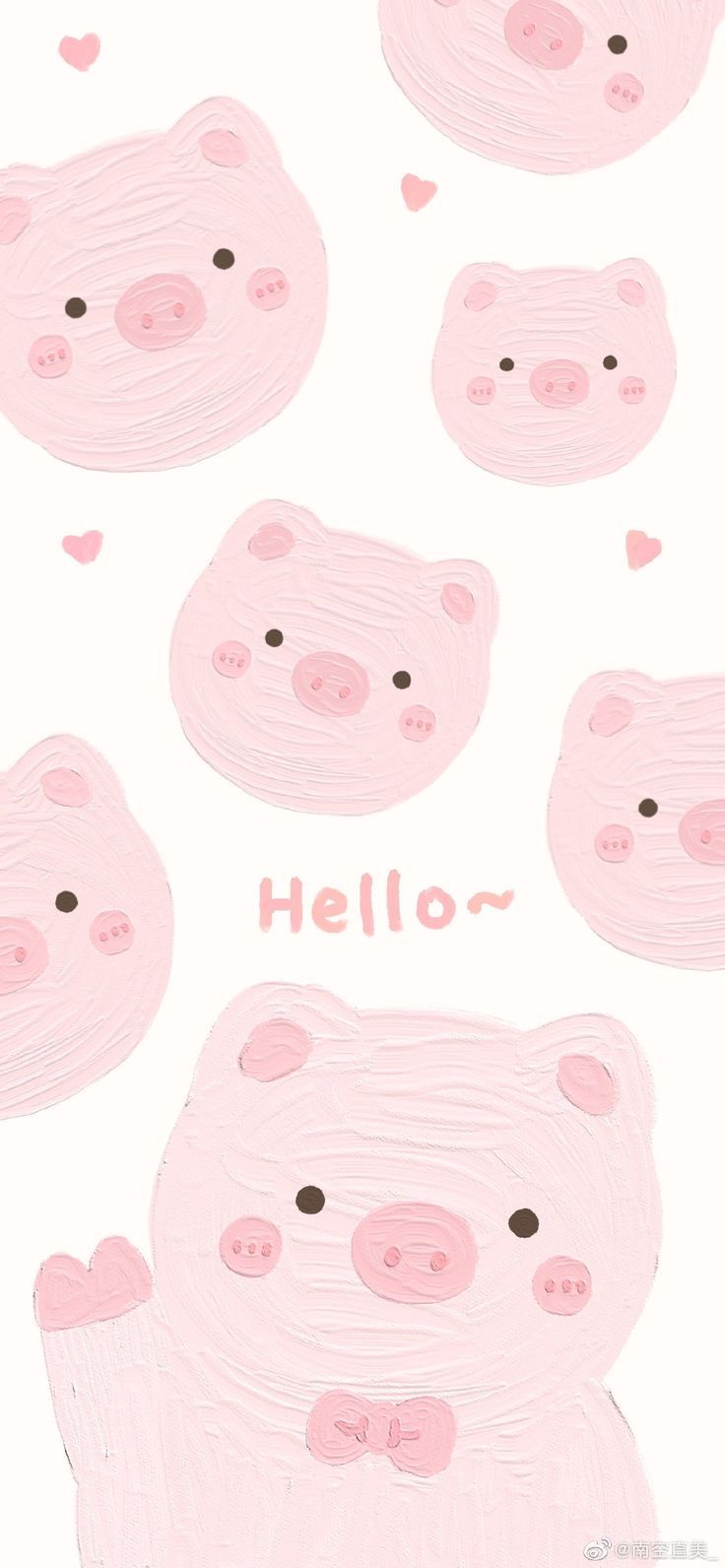 some pink pigs with hearts and the words hello written on them in black ink, against a white background