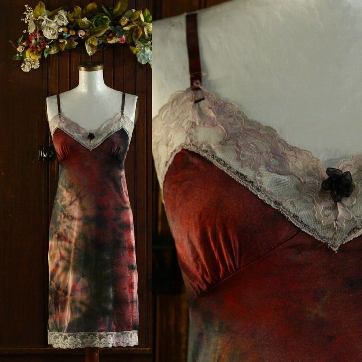 So lovely, earth toned tie dye slip dress! Label has been cut.  Wide ivory lace all the way around the neckline and hem.  Tie dyed in shades of black, pink, orange, and tans. Circa 1980's. Adjustable straps. Black organza chiffon rosette at the chest. Shown on a S mannequin with a 34.75" bust, 24.5" waist, 34.75" hips. Best for a woman's 32 XS EXTRA SMALL or 34 S SMALL  Condition: overall great and ready to wear! Laid flat w/o stretching: 31" bust 27" empire waist 40" hips 39" length Fitted Bias Cut Slip Dress, Fitted Slip Dress With Lace Trim For Summer, Fitted Slip Dress With Contrast Lace And Spaghetti Straps, Fitted Lace Slip Dress With Spaghetti Straps, Lace Patchwork Fitted Slip Dress, Fitted Lace Patchwork Slip Dress, Fitted Lace Slip Dress With Patchwork, Fitted Lace Trim Camisole Dress, Summer Lace Slip Dress With Bias Cut