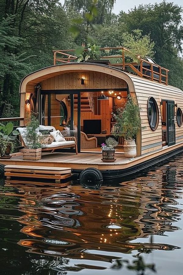 a houseboat floating on top of a lake surrounded by trees and greenery in the evening