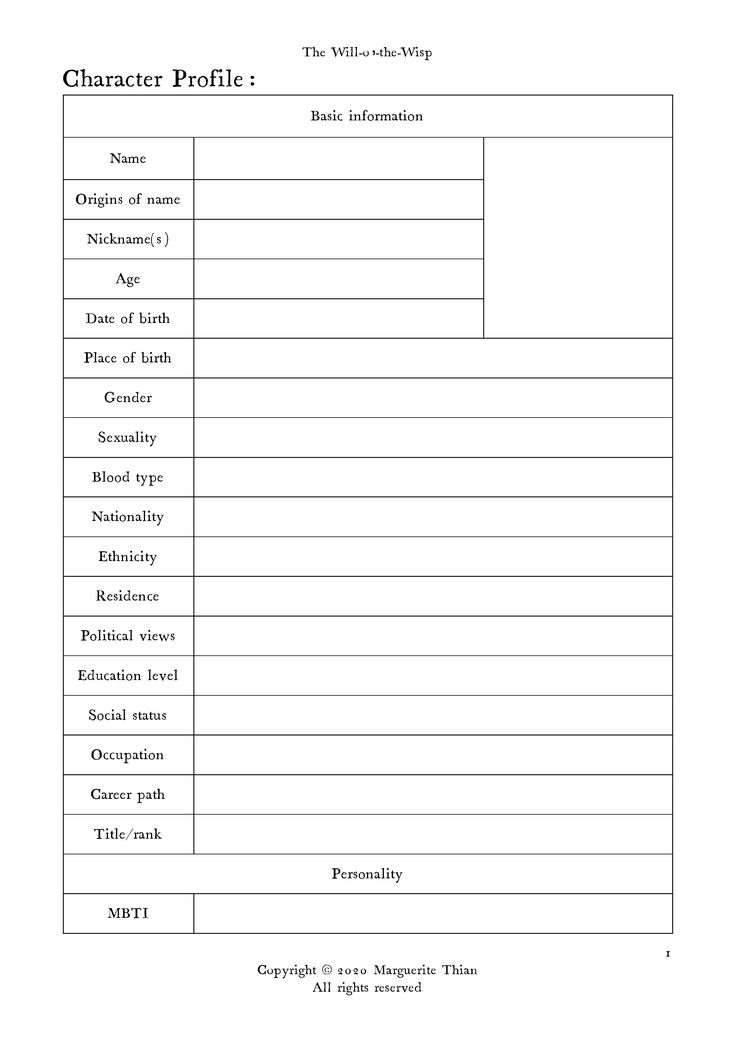 the worksheet for character profile