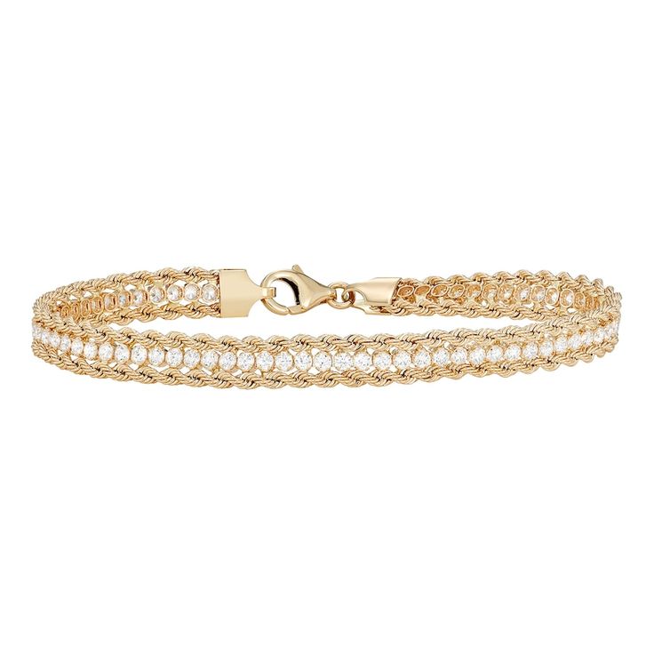 "Crafted from 14k gold, and adorned with dazzling CZ accents, this bracelet completes your look in an eye-catching way. BRACELET DETAILS Chain type: rope Clasp: lobster-claw Metal: 14k gold Finish: polished Packaging: boxed CUBIC ZIRCONIA DETAILS Shape: round Setting: prong Size: 8.5"". Color: Yellow. Gender: female. Age Group: adult." Elegant Yellow Gold Cubic Zirconia Beaded Bracelets, Elegant 14k Gold Bracelets With Pave Setting, Elegant White Sparkling Diamond Bracelet, Fine Jewelry Sparkling Bracelet For Anniversary, Sparkling Fine Jewelry Bracelets For Anniversary, Elegant Gold Cubic Zirconia Beaded Bracelets, Sparkling Yellow Gold Diamond Bracelets, Sparkling Yellow Gold Bracelets For Anniversary, Sparkling Diamond Yellow Gold Bracelets