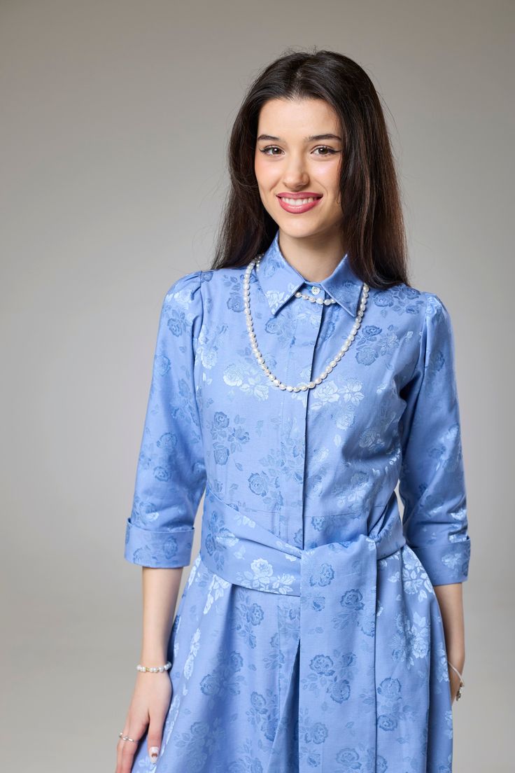 Sky Blue Petals Sleeved Shirt Dress  Embrace the charm of spring with this sky blue floral dress, blending timeless elegance with delicate petal patterns. Featuring long sleeves and a classic shirt collar, this versatile piece transitions effortlessly from day to night. The tailored fit flatters your figure, while the button-front closure adds ease and style.   Perfect for daytime outings or evening gatherings, pair this sky blue shirt dress with sandals for a breezy look or heels for a polished Sky Blue Shirt, Blue Floral Dress, Petal Sleeve, Blue Shirt Dress, August Birthstone Jewelry, July Birthstone Jewelry, Dress Shirt Sleeves, Floral Blue Dress, Zodiac Jewelry