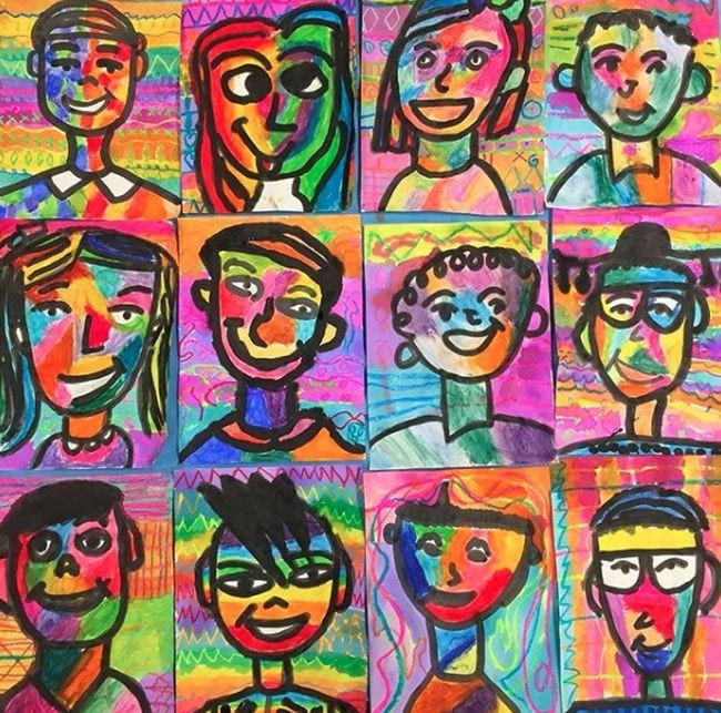 a group of people are depicted in this colorful art project, which includes portraits of them