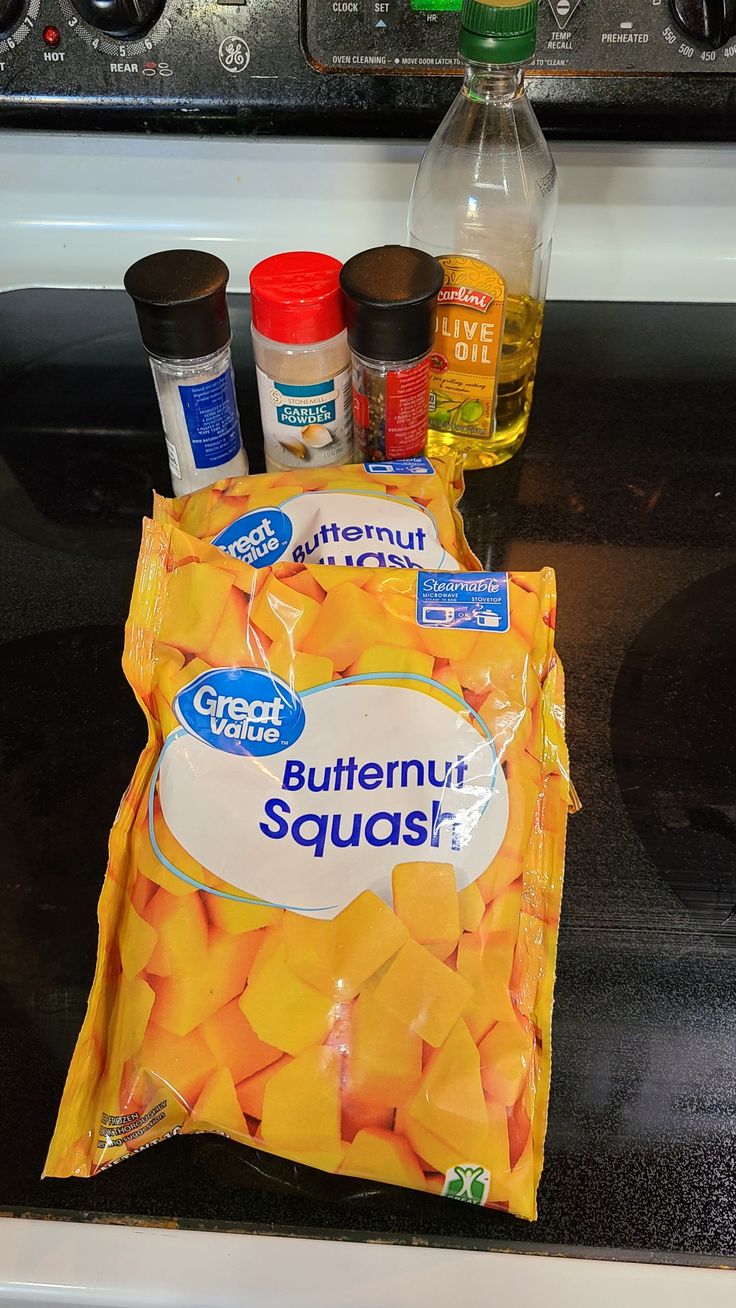 the ingredients are on the stove ready to be put into the oven for making butternut squash